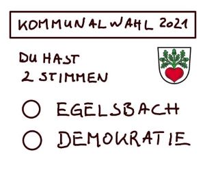 Stimmzettel mit zwei Wahloptionen "Egelsbach" und "Demokratie" un der Hinweis: Du hast 2 Stimmen.