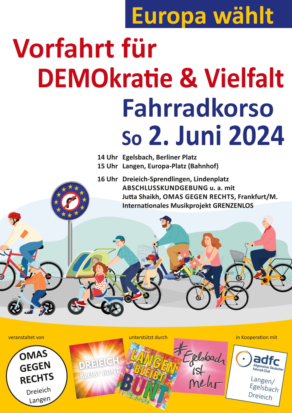 Veranstaltungsplakat "Vorfahrt für Demokratie und Vilefalt" für das Fahrradkorso am 2. Juni 24