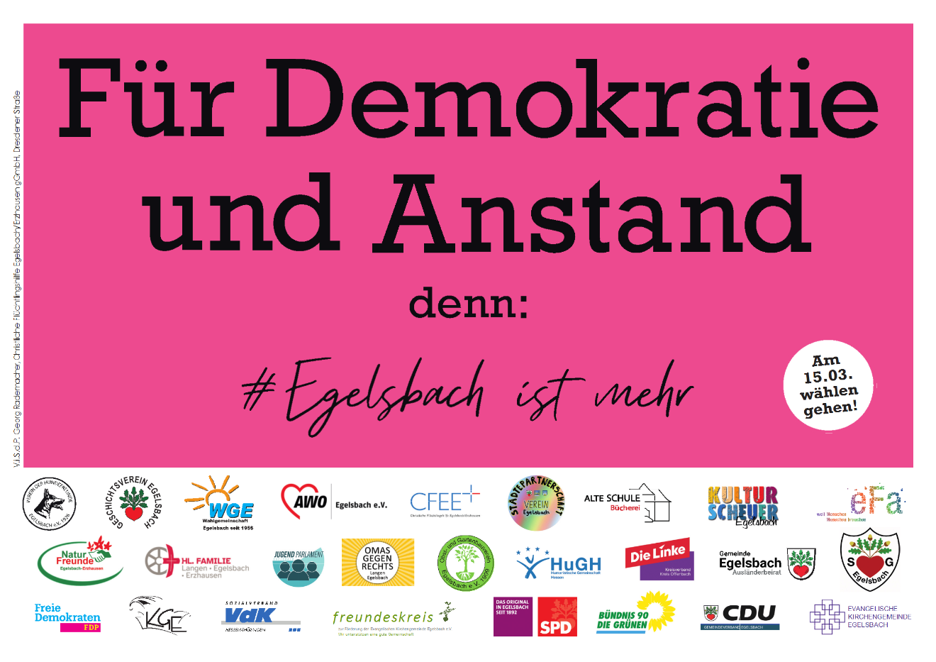 Plakat "Für Demokratie und Anstand" mit den Logos der teilnehmenden Organisationen und dem Hinweis "Am 15.03. wählen gehen!"